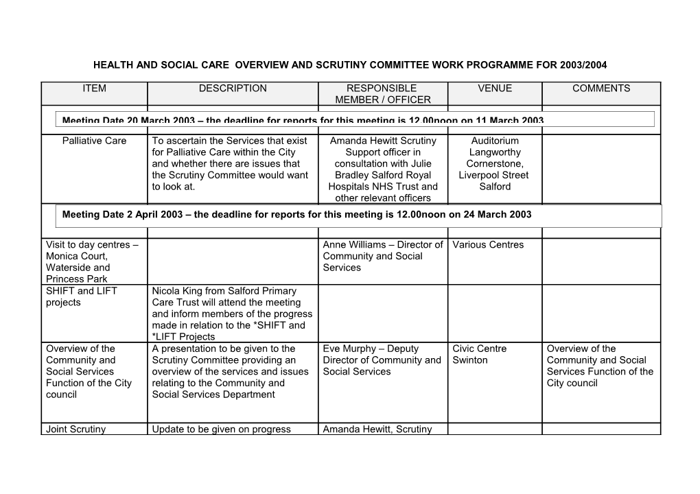 Health and Social Care Overview and Scrutiny Committee Work Programme for 2003/2004