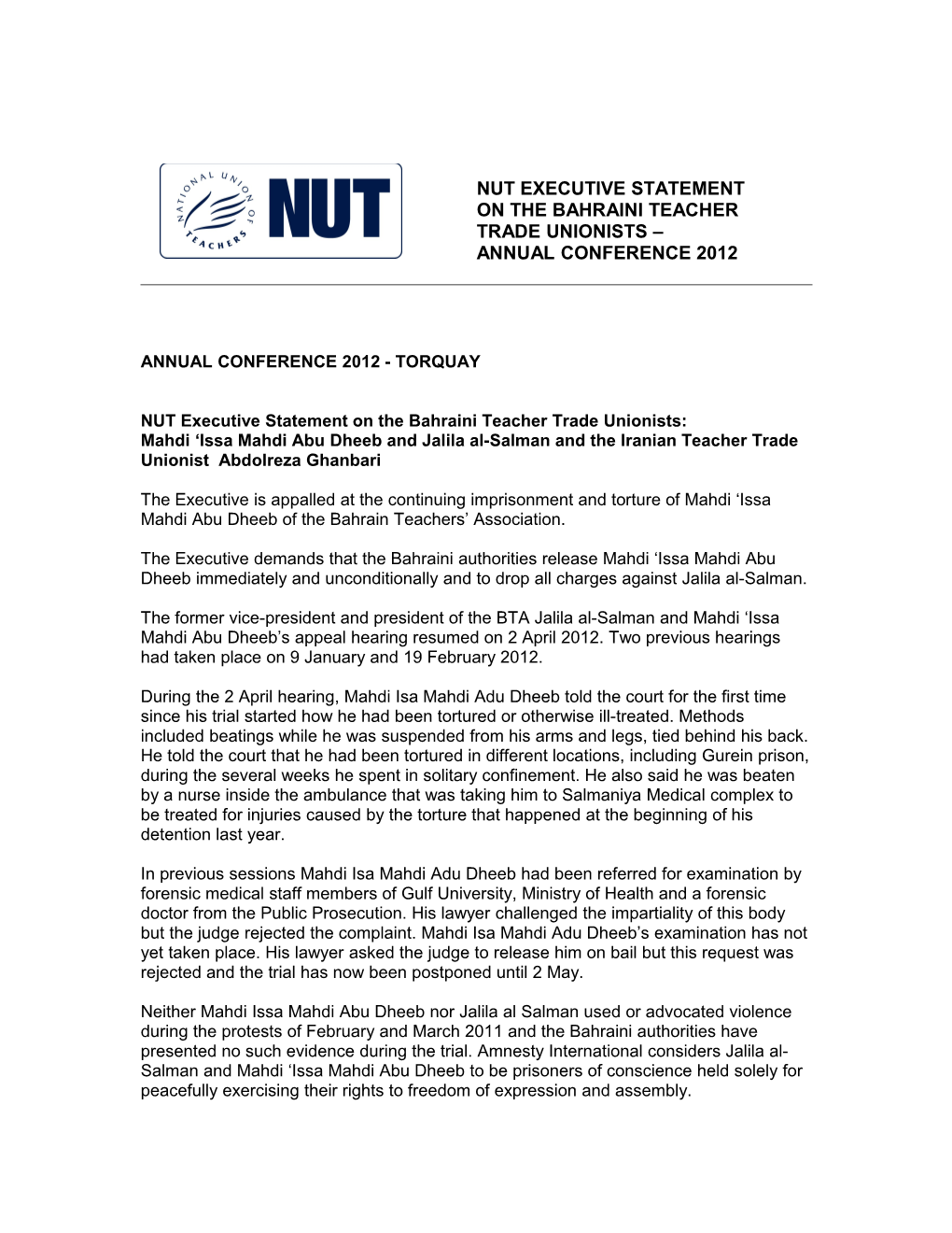 NUT Executive Statement on the Bahraini Teacher Trade Unionists