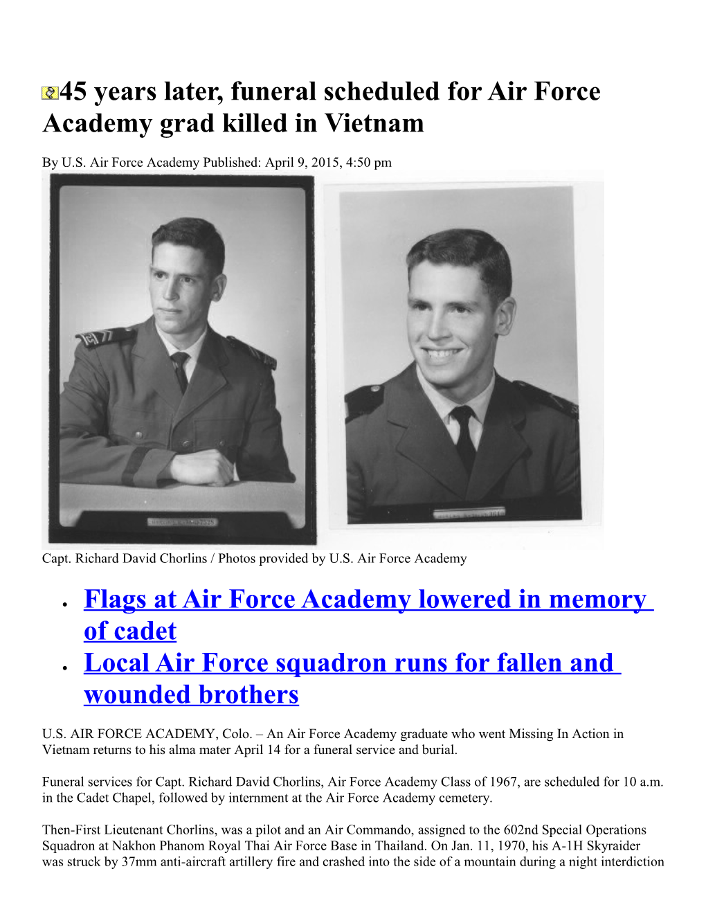 45 Years Later, Funeral Scheduled for Air Force Academy Grad Killed in Vietnam