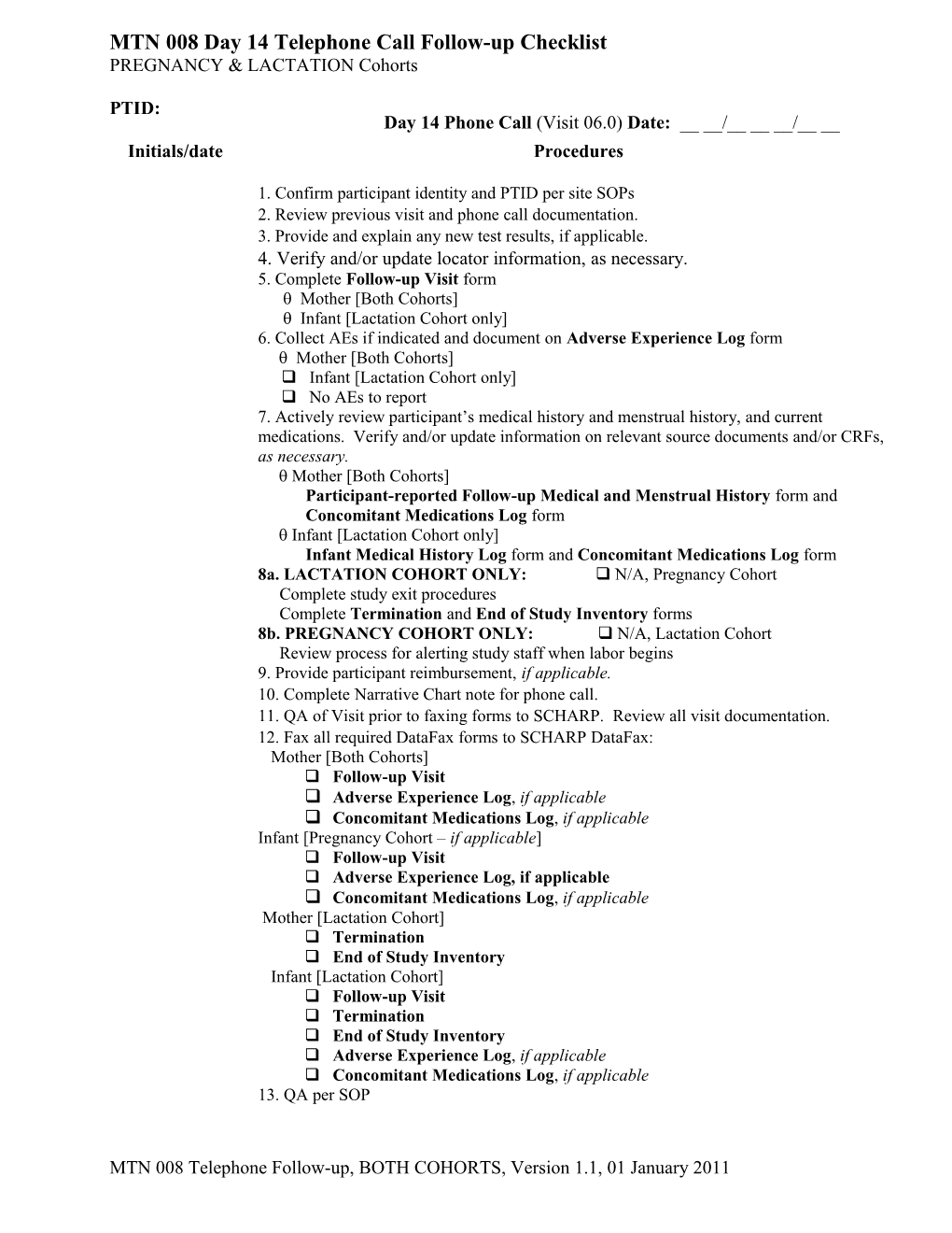 MTN 008 Day 14 Telephone Call Follow-Up Checklist