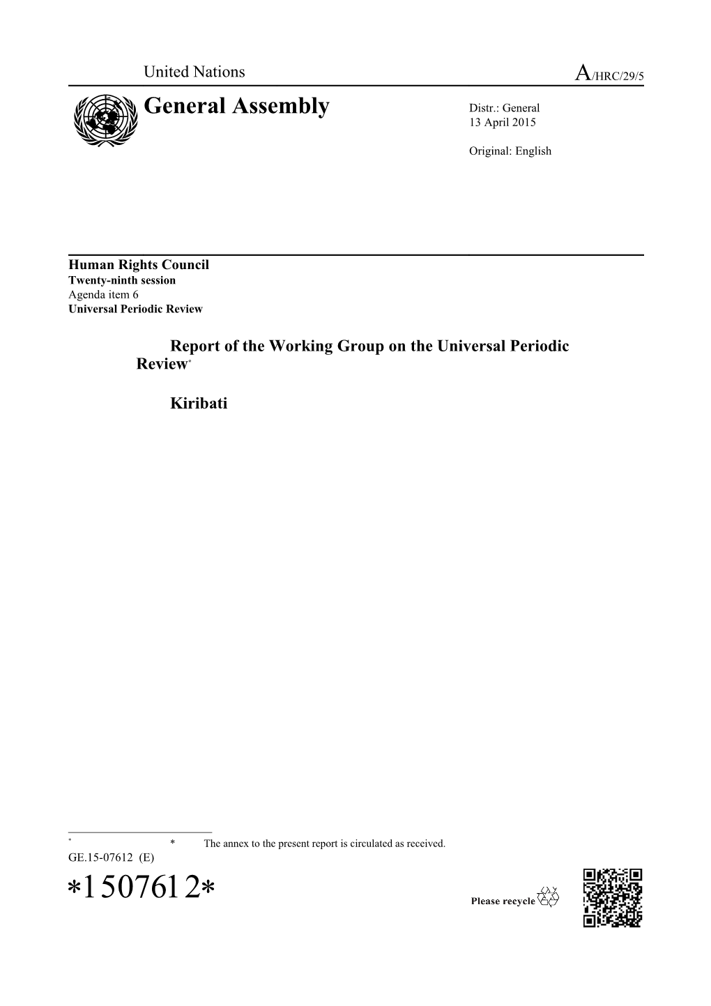 Report of the Working Group on the Universal Periodic Review Kiribati in English
