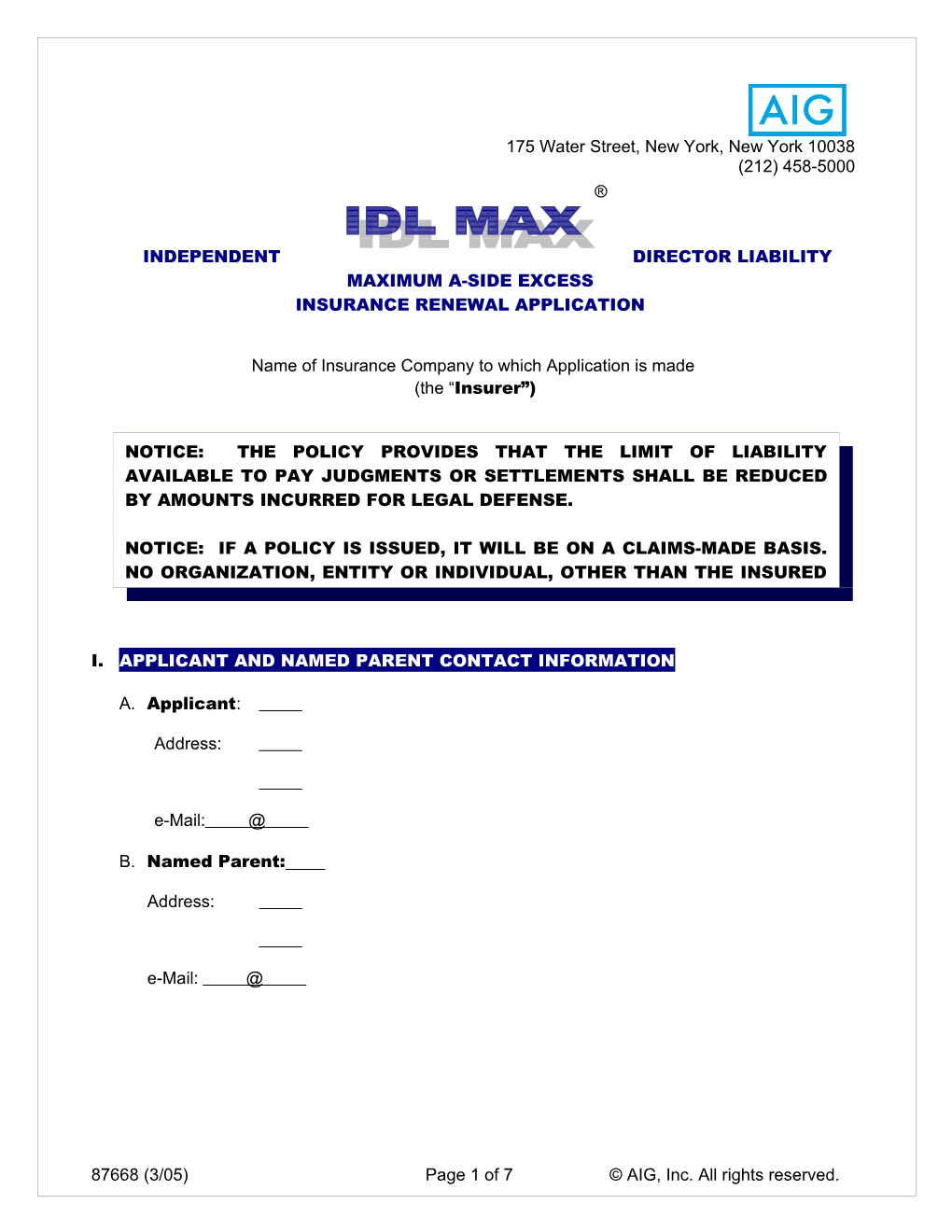 Independent Director Liability Maximum A-Side Excess