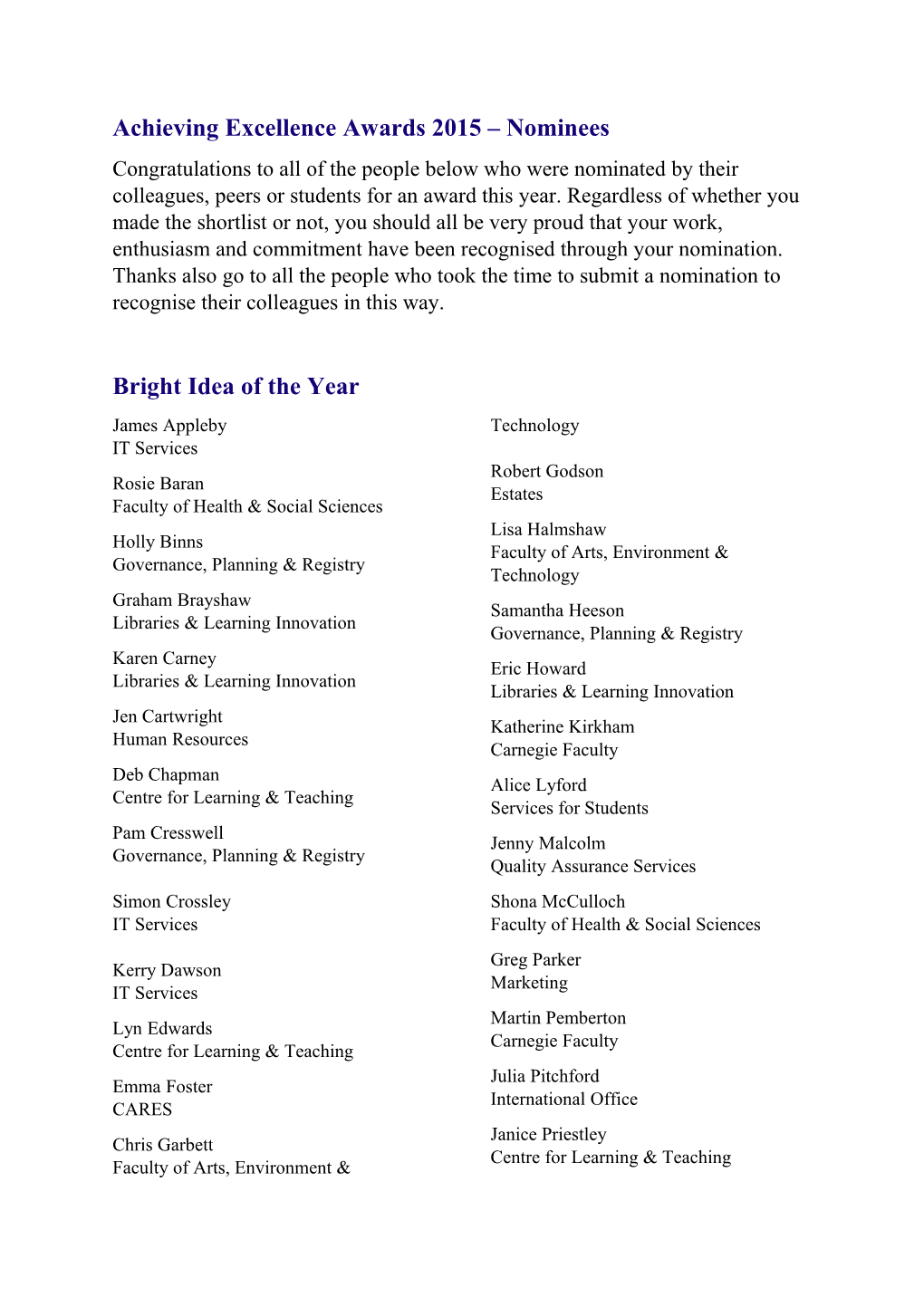 Achieving Excellence Awards 2015 Nominees