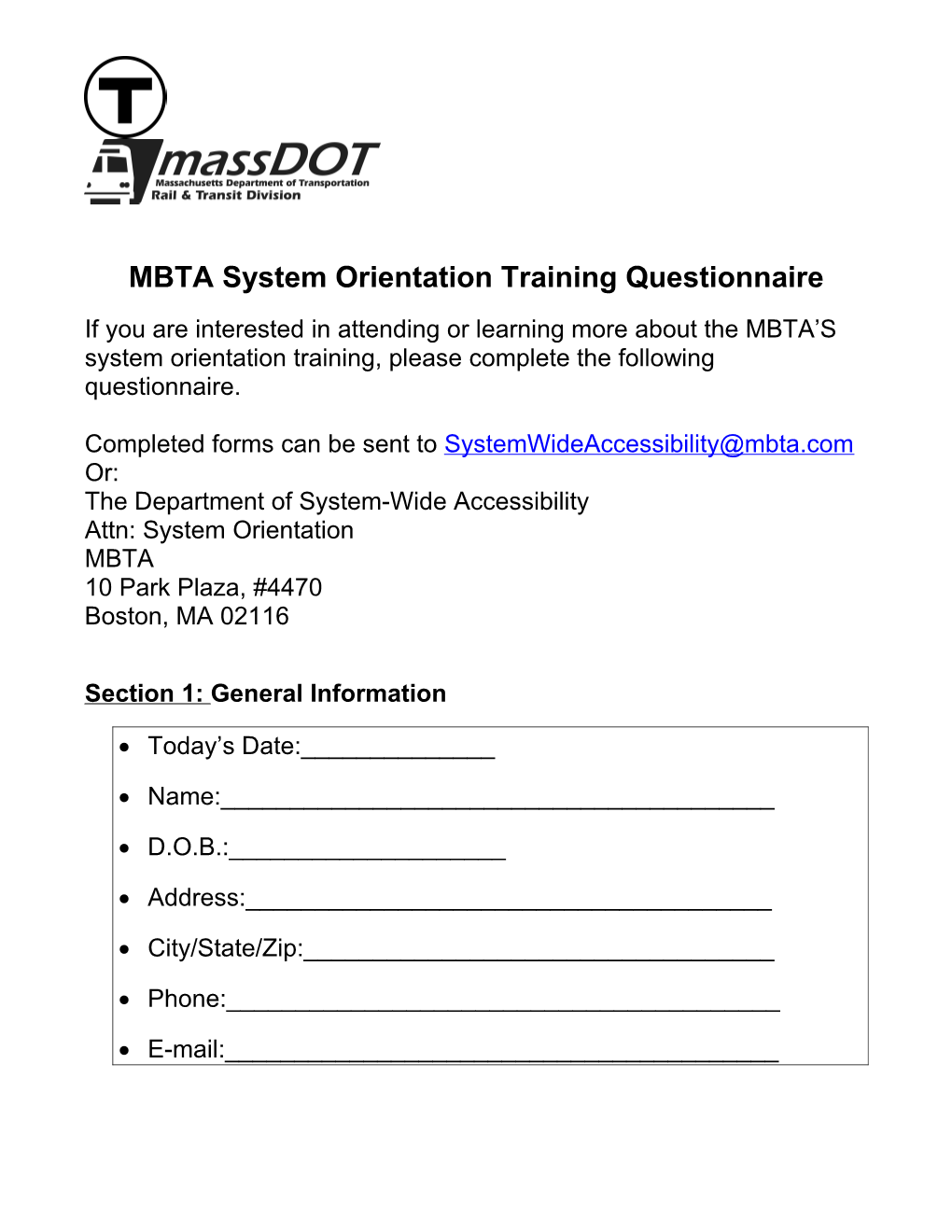 MBTA System Orientation Training Questionnaire