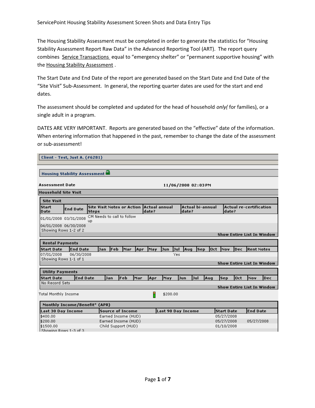 Servicepoint Housing Stability Assessment Screen Shots and Data Entry Tips