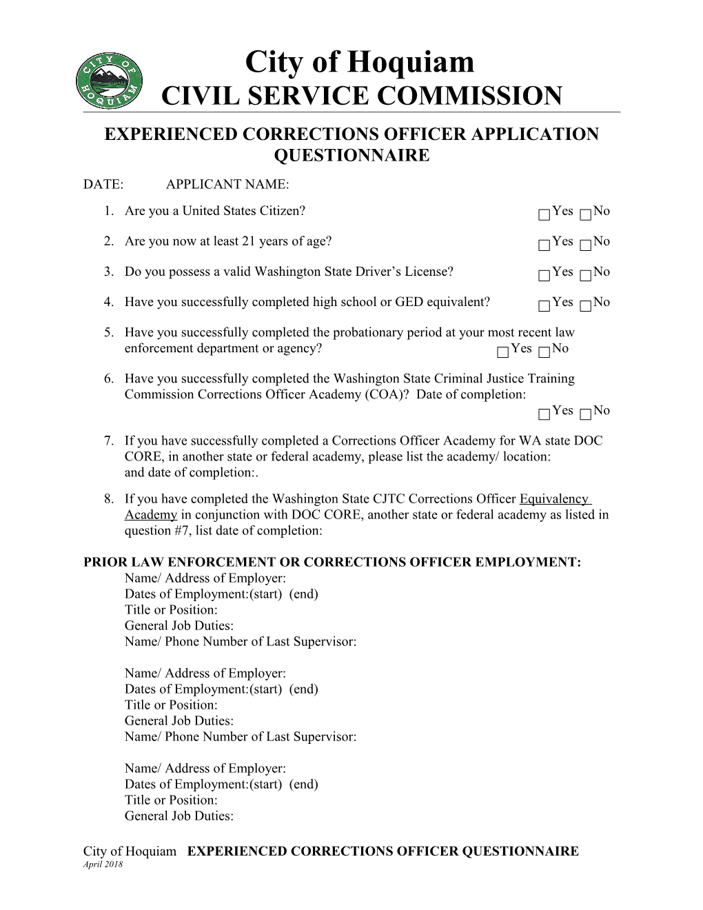 Experienced Correctionsofficer Application Questionnaire