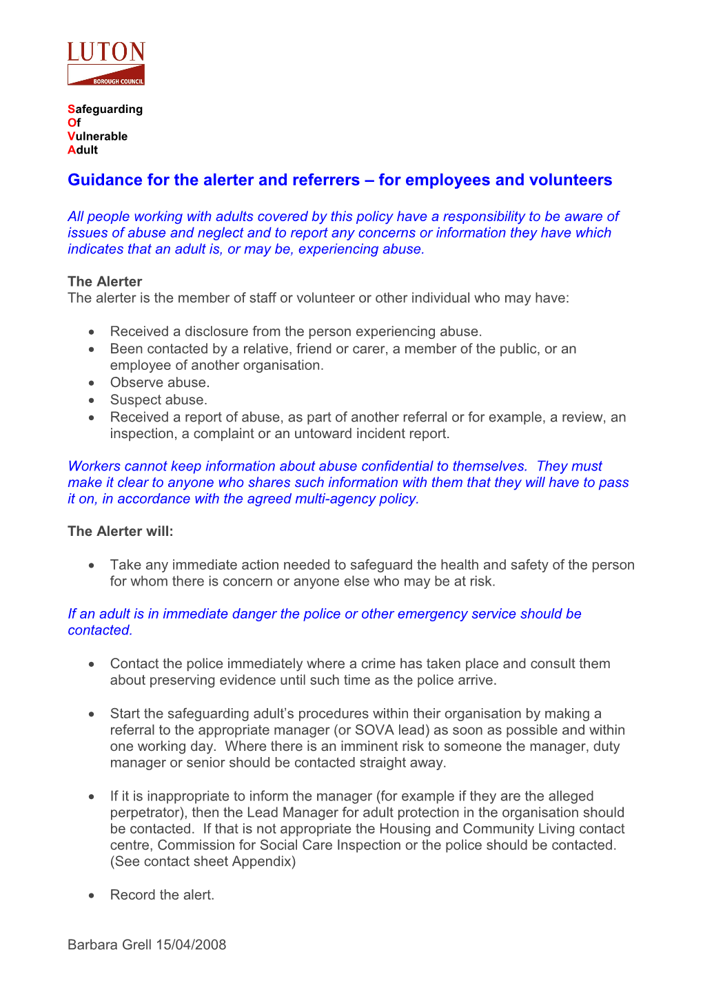 Guidance for the Alerter and Referrers for Employees and Volunteers