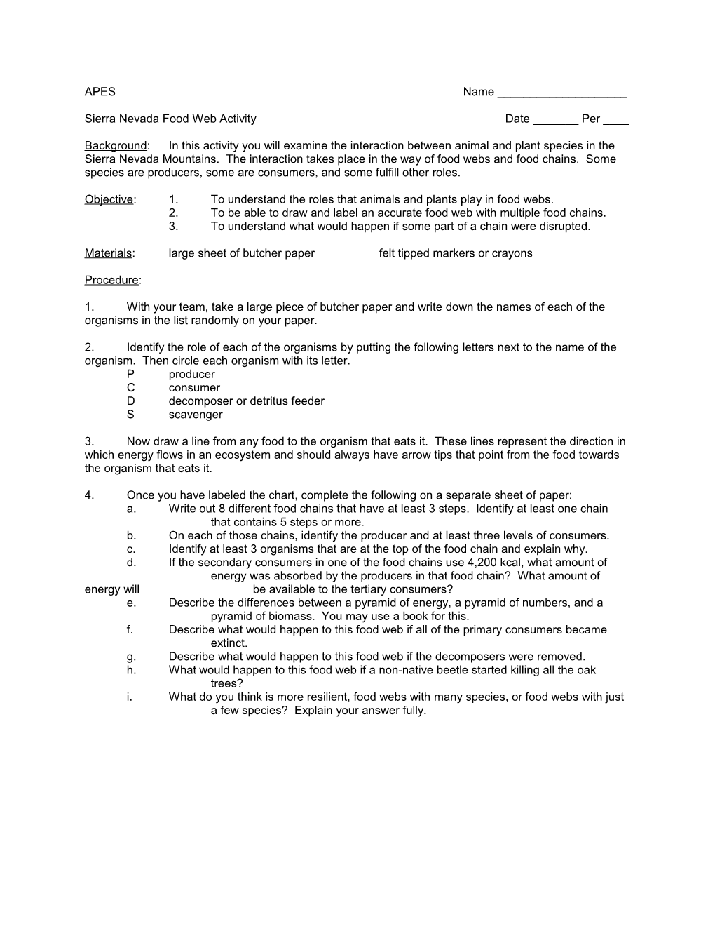 Sierra Nevada Food Web Activity Date ______Per ____