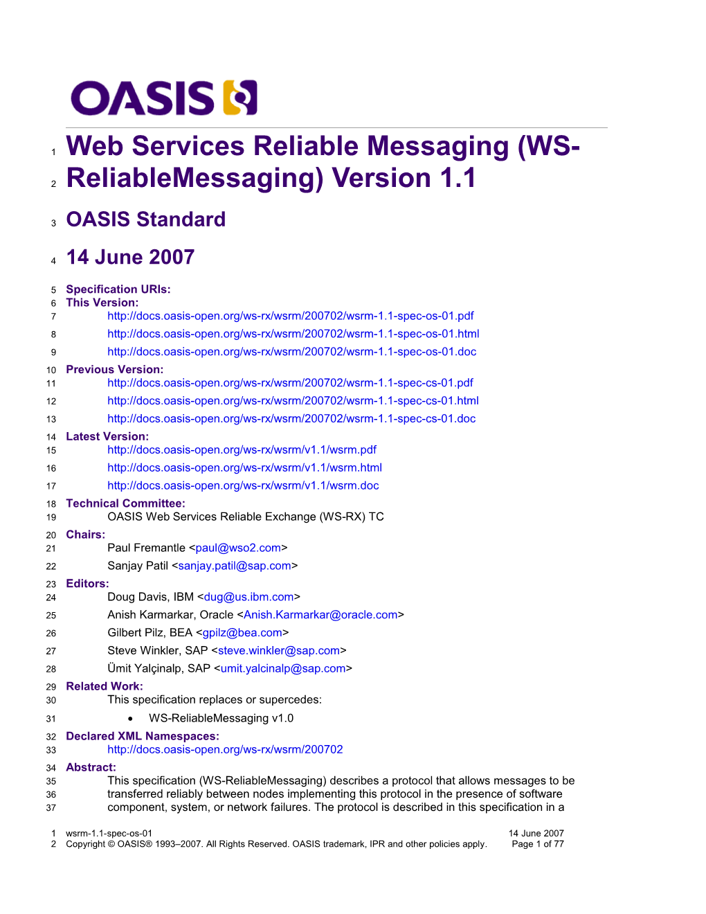 Web Services Reliable Messaging (WS-Reliablemessaging) Version 1.1