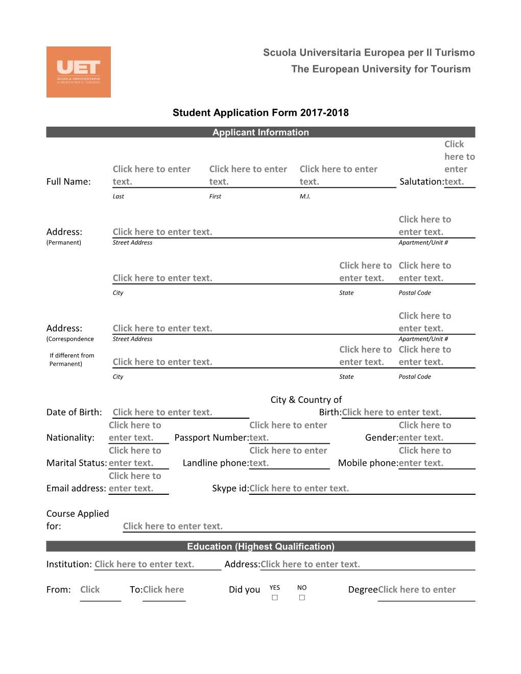 Student Application Form 2017-2018