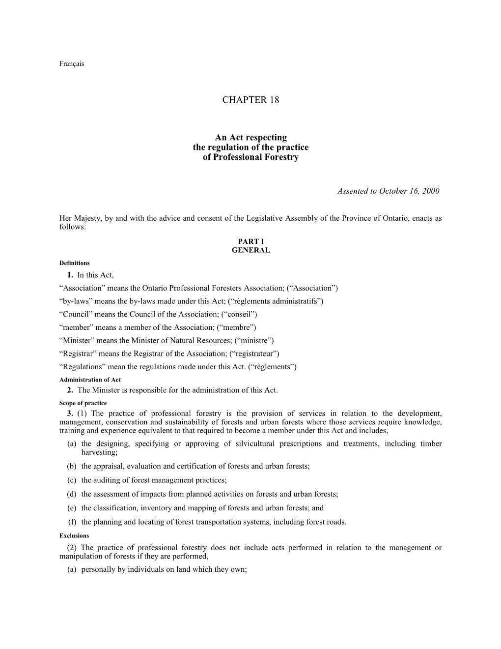 Professional Foresters Act, 2000, S.O. 2000, C. 18 - Bill 110