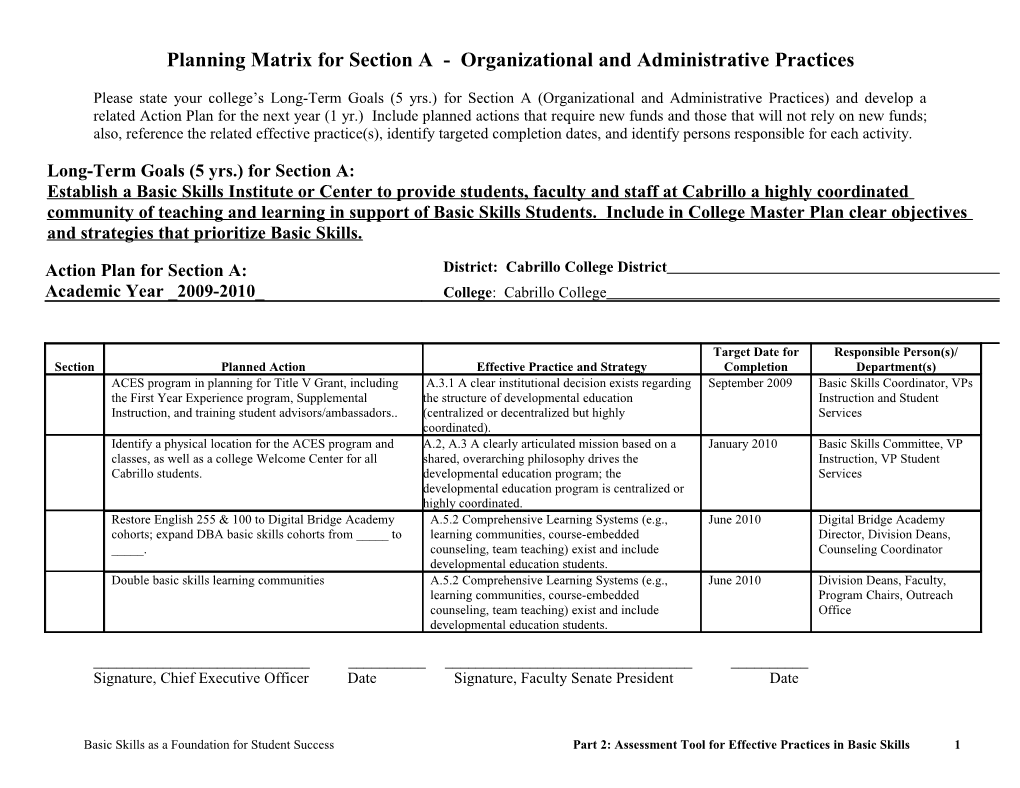 Planning Matrix for Section a - Organizational and Administrative Practices