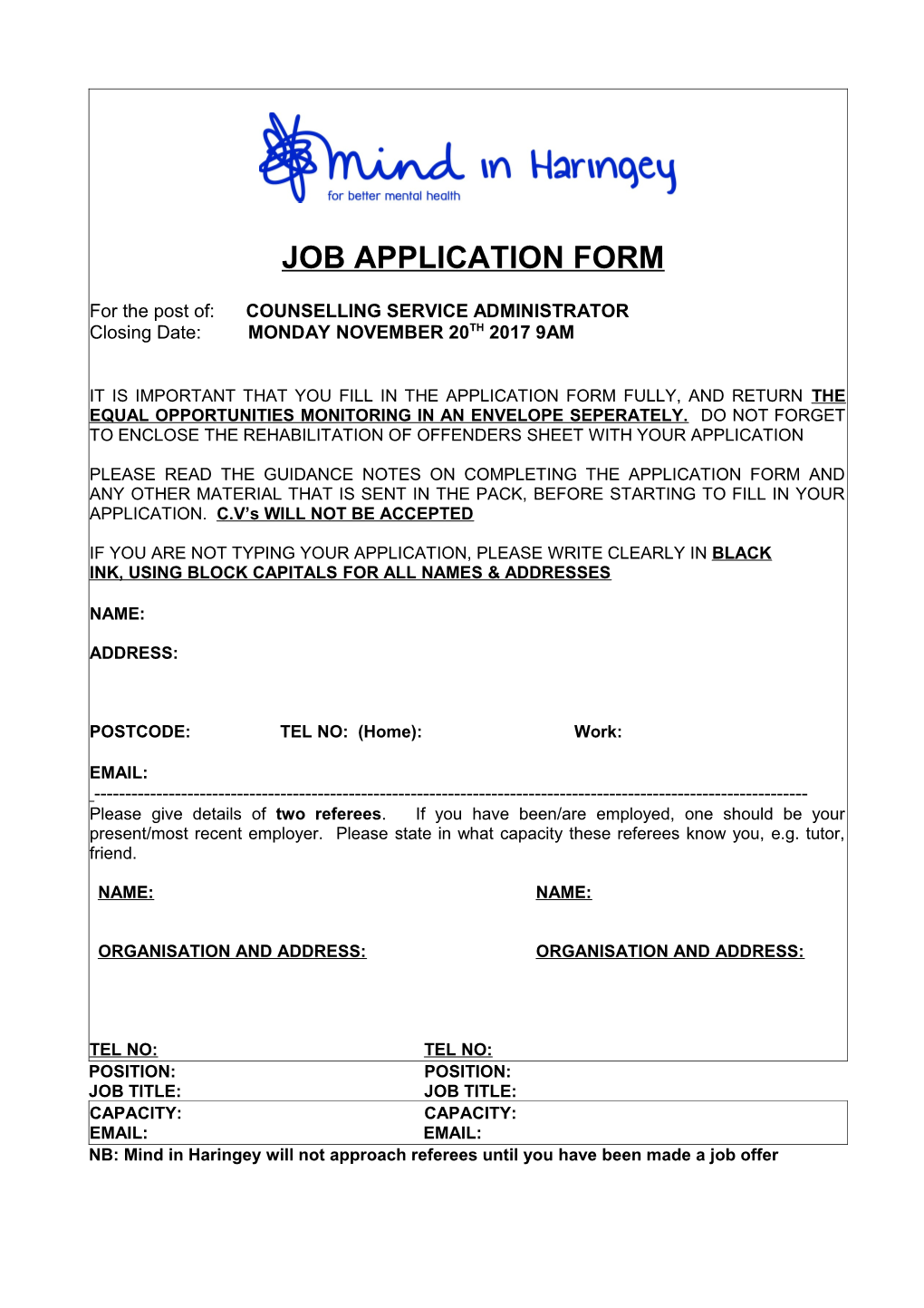 Mind in Haringey Job Application Form