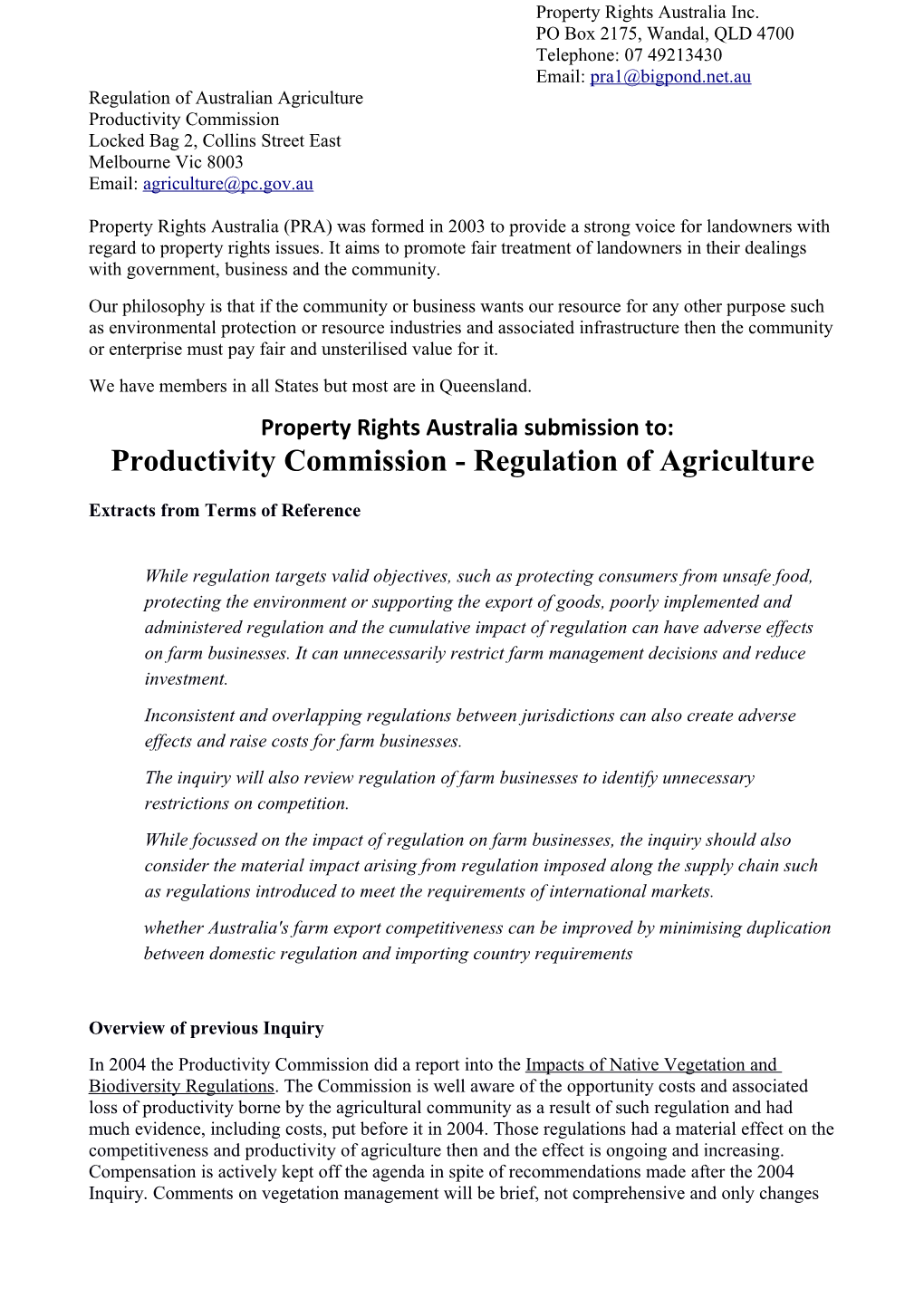 Submission 45 - Property Rights Australia - Regulation of Agriculture - Public Inquiry