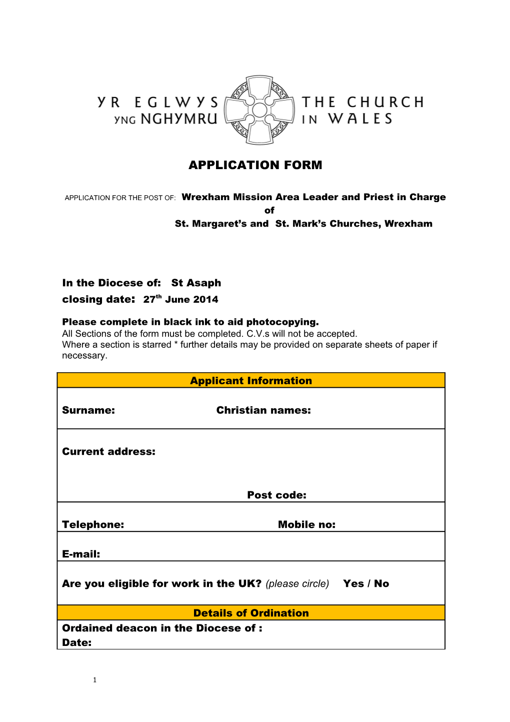 Application for the Post Of: Wrexham Mission Area Leader and Priest in Charge Of
