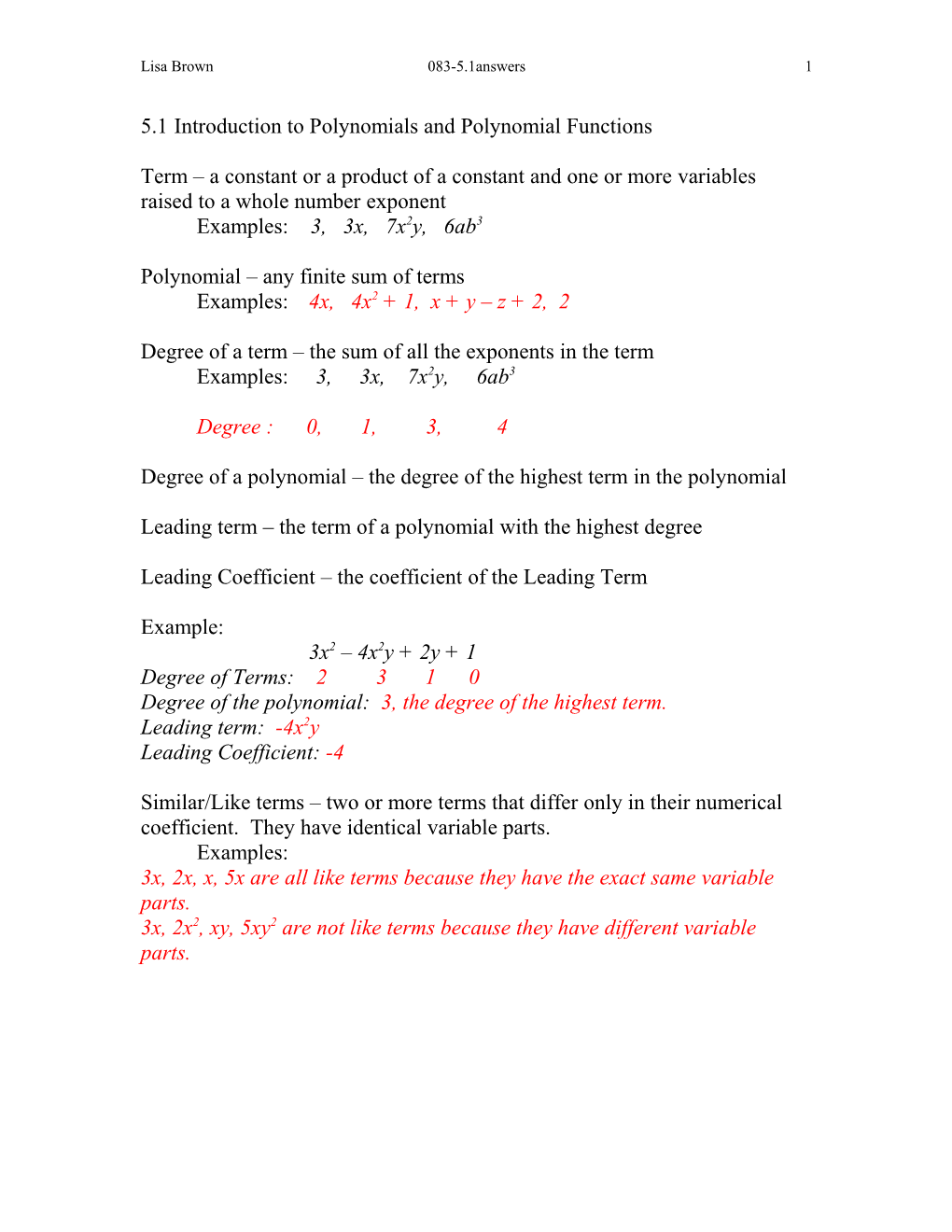 5.1 Introduction to Polynomials and Polynomial Functions