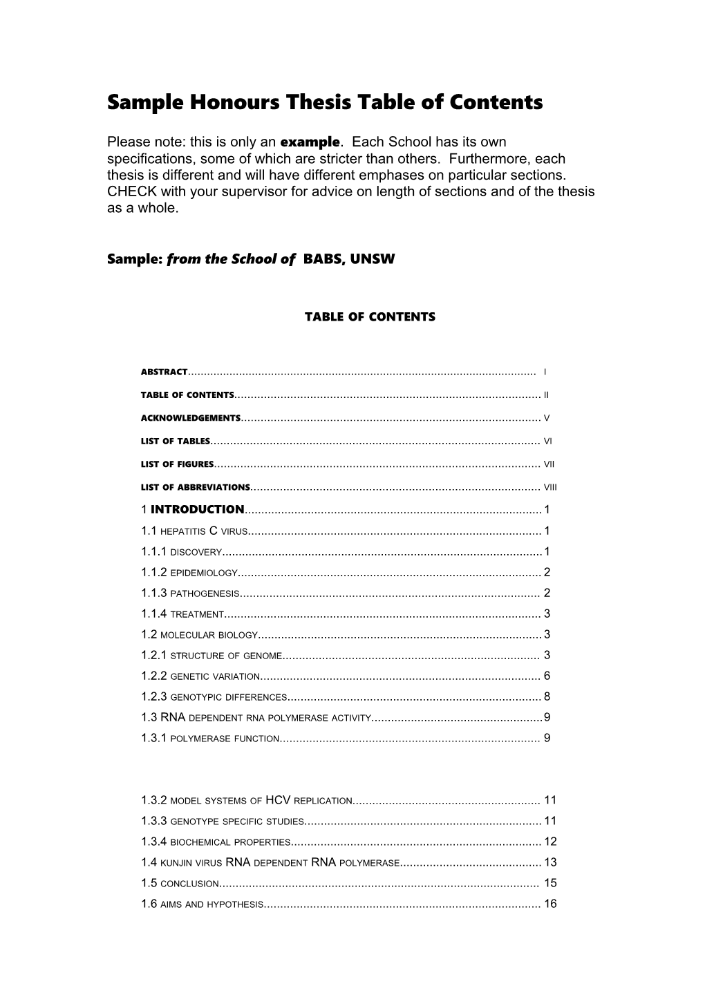 Sample Table of Contents