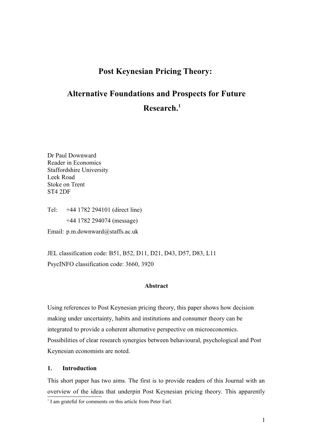 Post Keynesian Pricing Theory