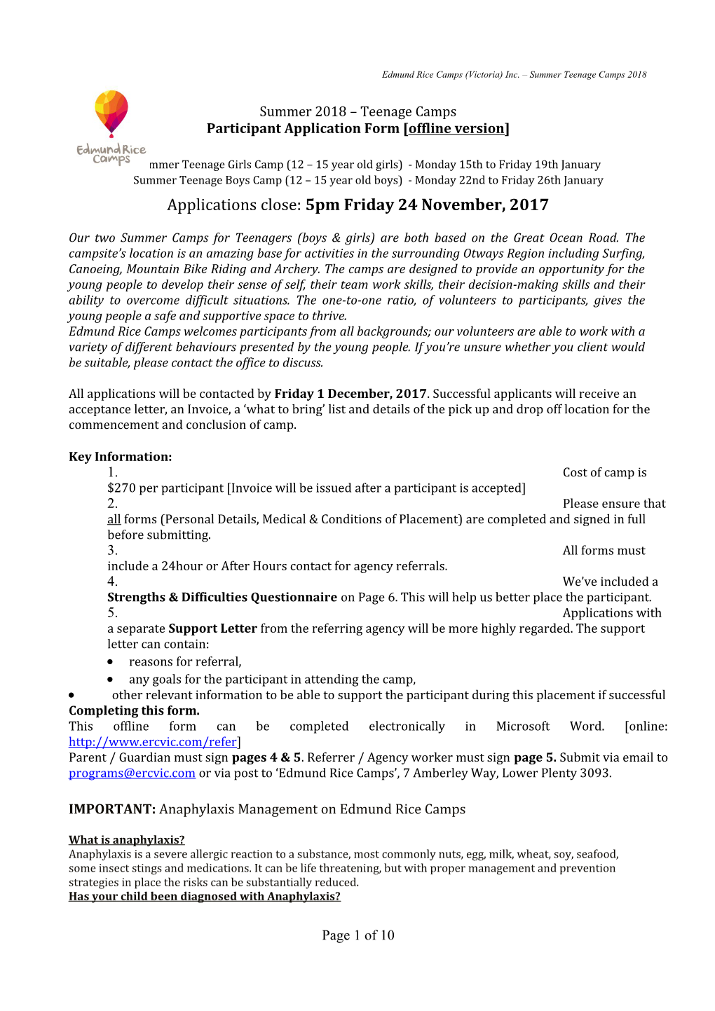 Edmund Rice Camps - Participant Application Form