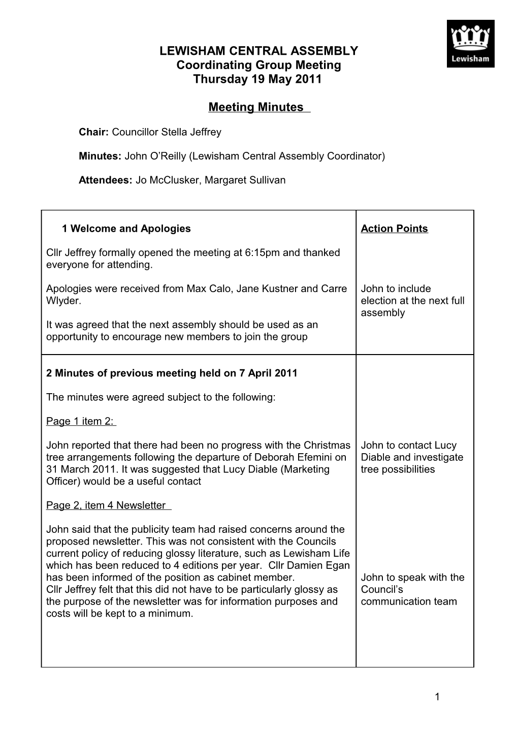 Lewisham Central Assembly Coordinating Group 19 May 2011