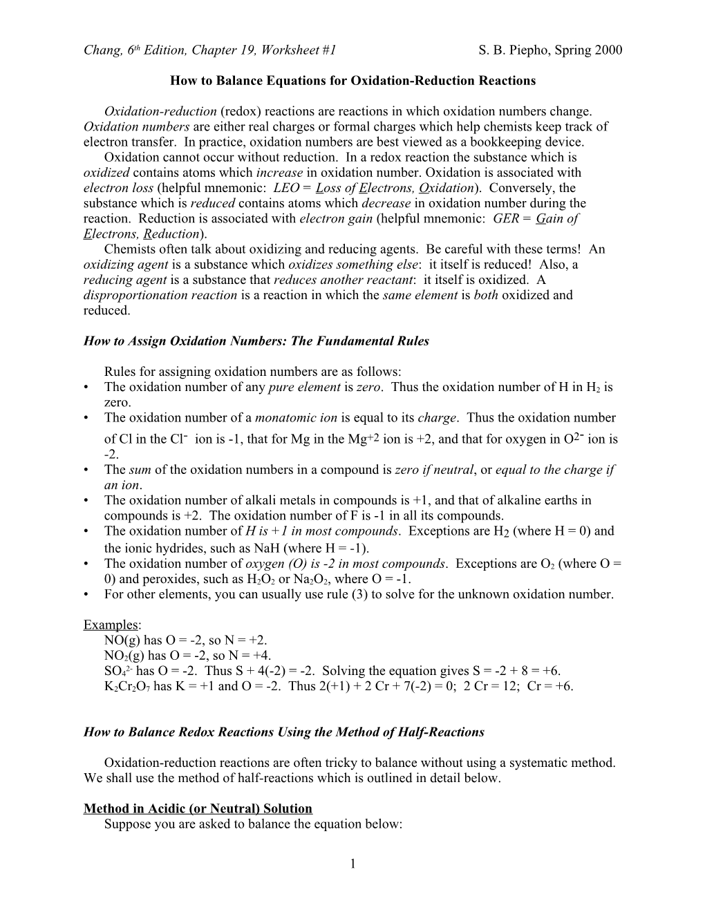 Redox Balancing Worksheet