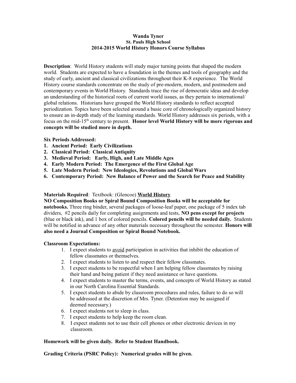 2014-2015 World History Honors Course Syllabus