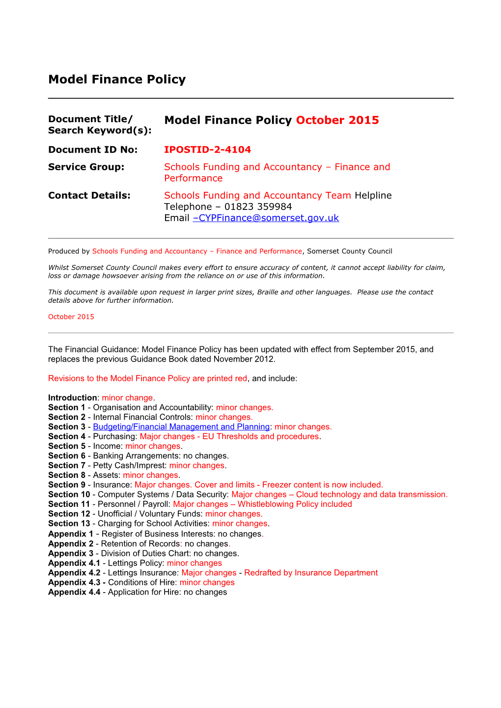 Financial Guidance - Model Finance Policy 2015