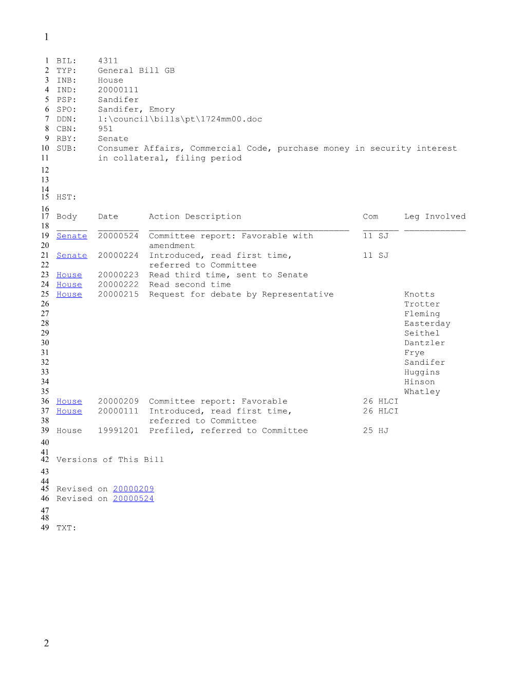 1999-2000 Bill 4311: Consumer Affairs, Commercial Code, Purchase Money in Security Interest