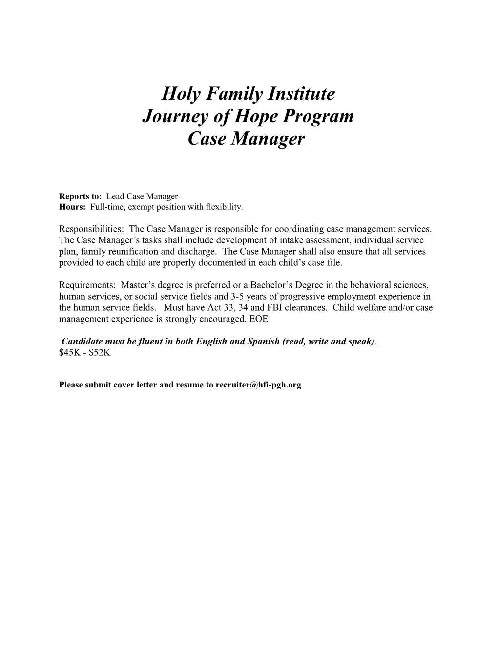Director of Unifiedtreatment Holy Family Institute - Pittsburgh