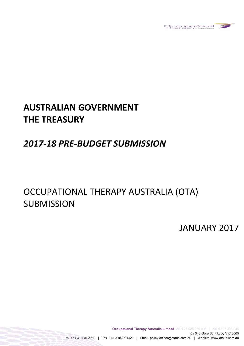Occupational Therapy Australia - 2017-18 Pre-Budget Submission