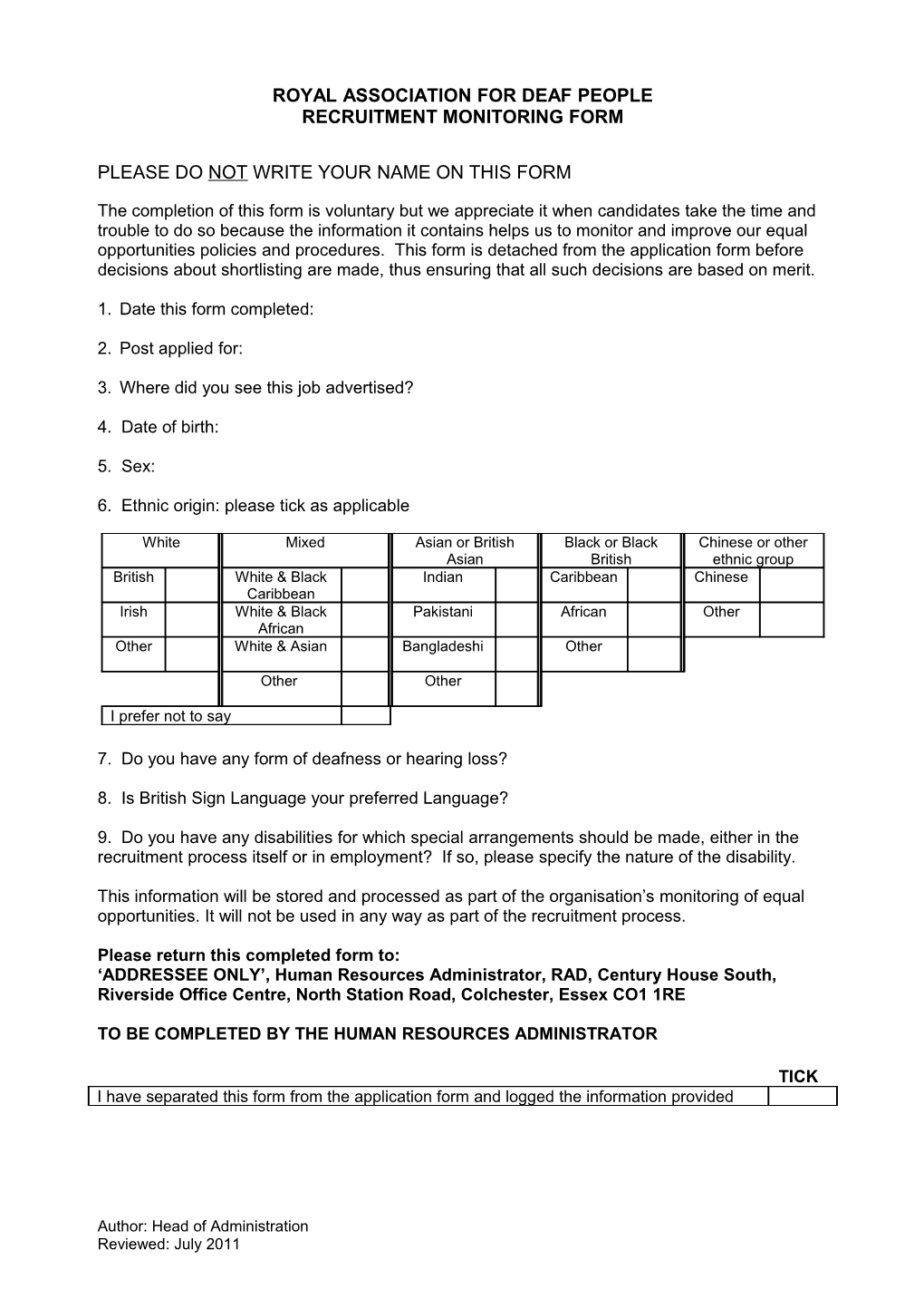 Recruitment Monitoring Form