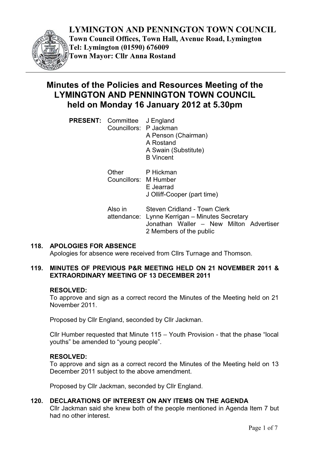 Minutes of the Policies and Resources Meeting of The