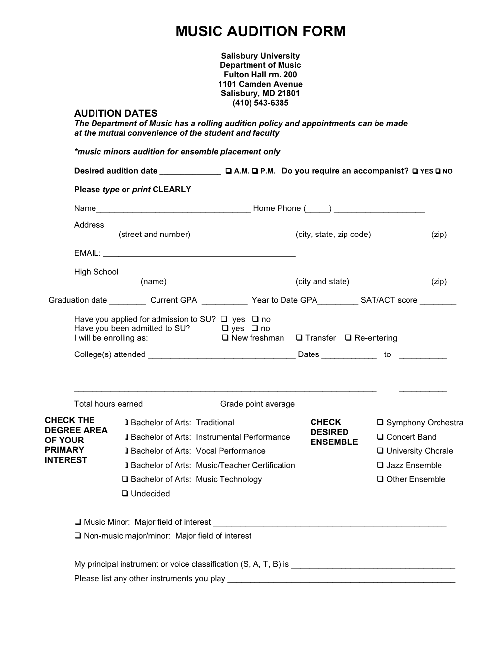 Music Audition Form