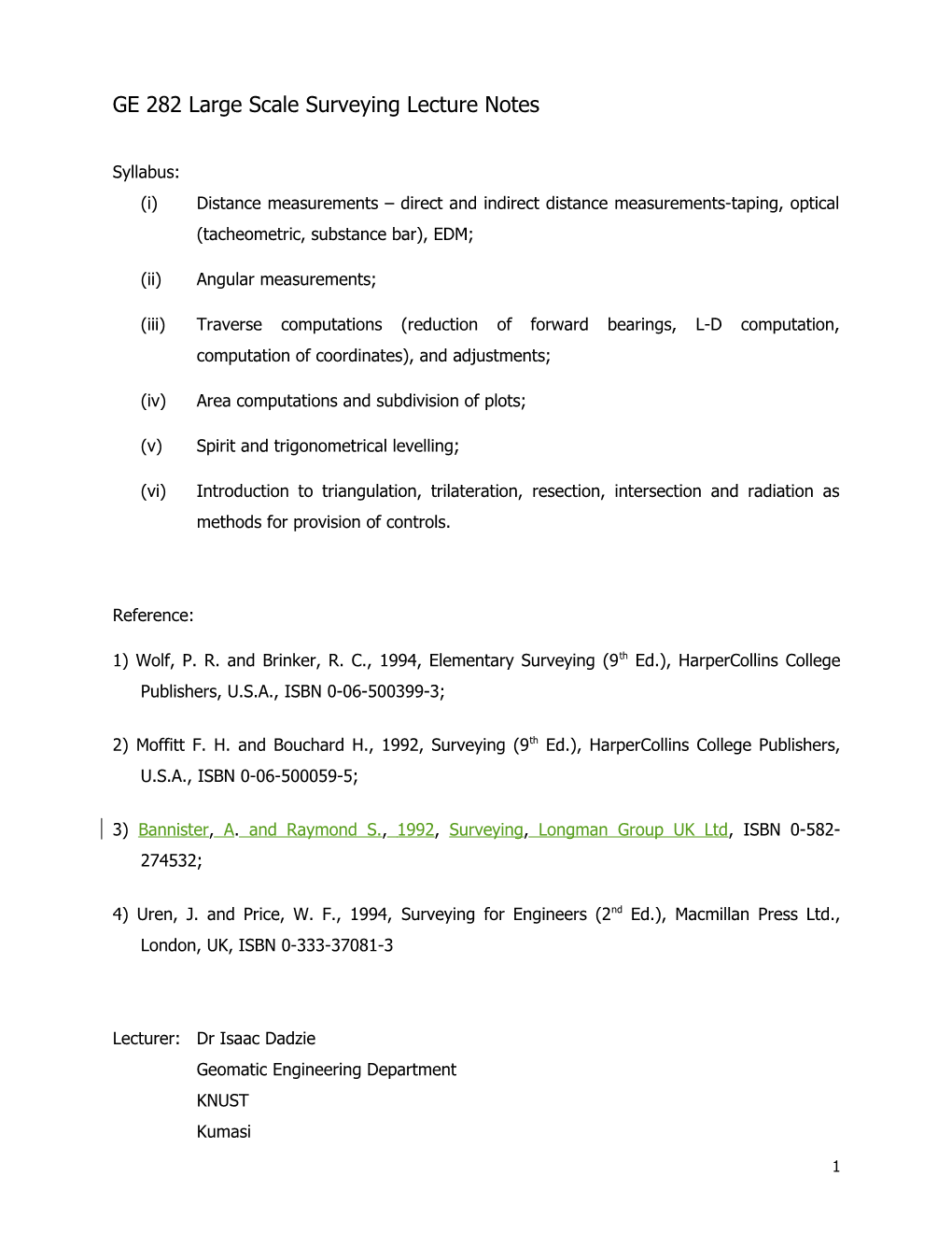 GE 282 Large Scale Surveying Lecture Notes