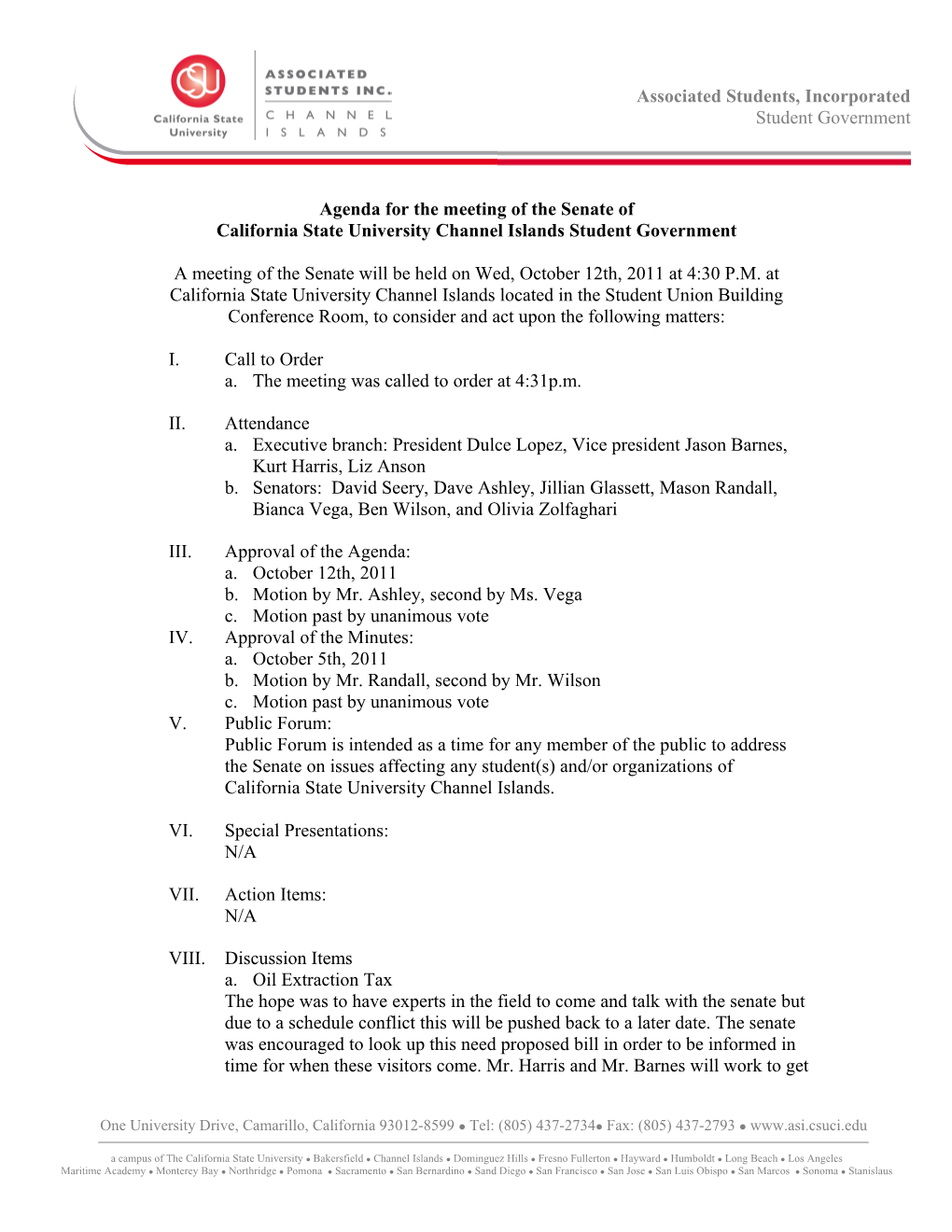 Agenda for the Meeting of the Senate Of