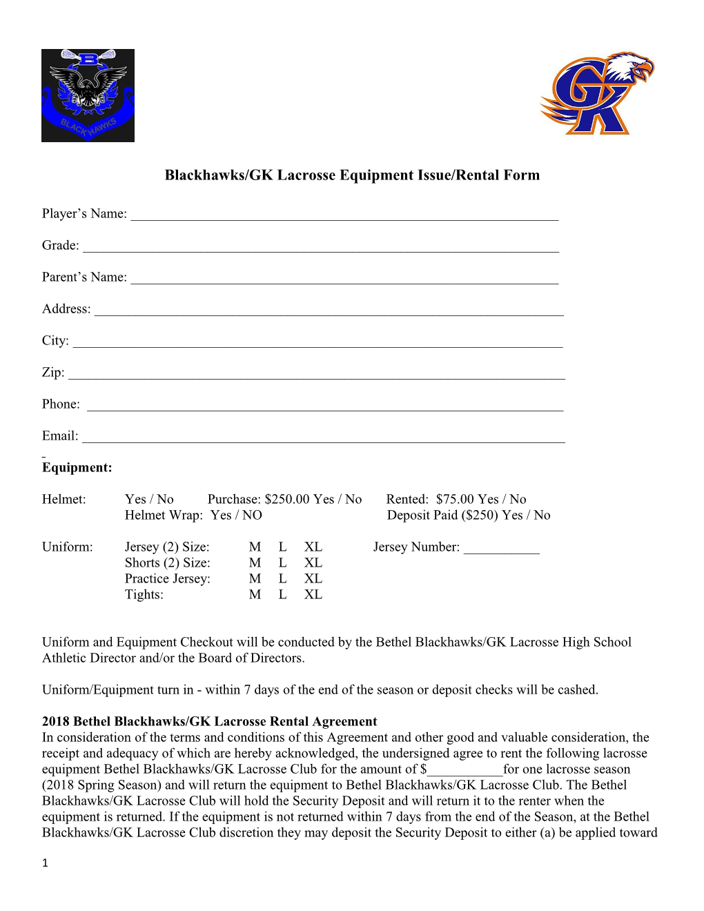 Blackhawks/GK Lacrosse Equipment Issue/Rental Form