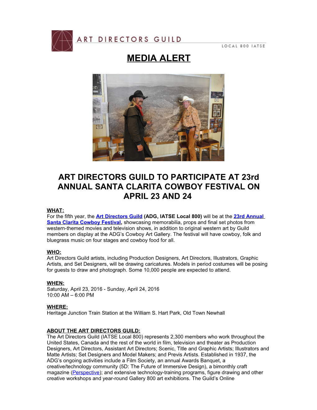 ART DIRECTORS GUILD to PARTICIPATE at 23Rd ANNUAL SANTA CLARITA COWBOY FESTIVAL on APRIL