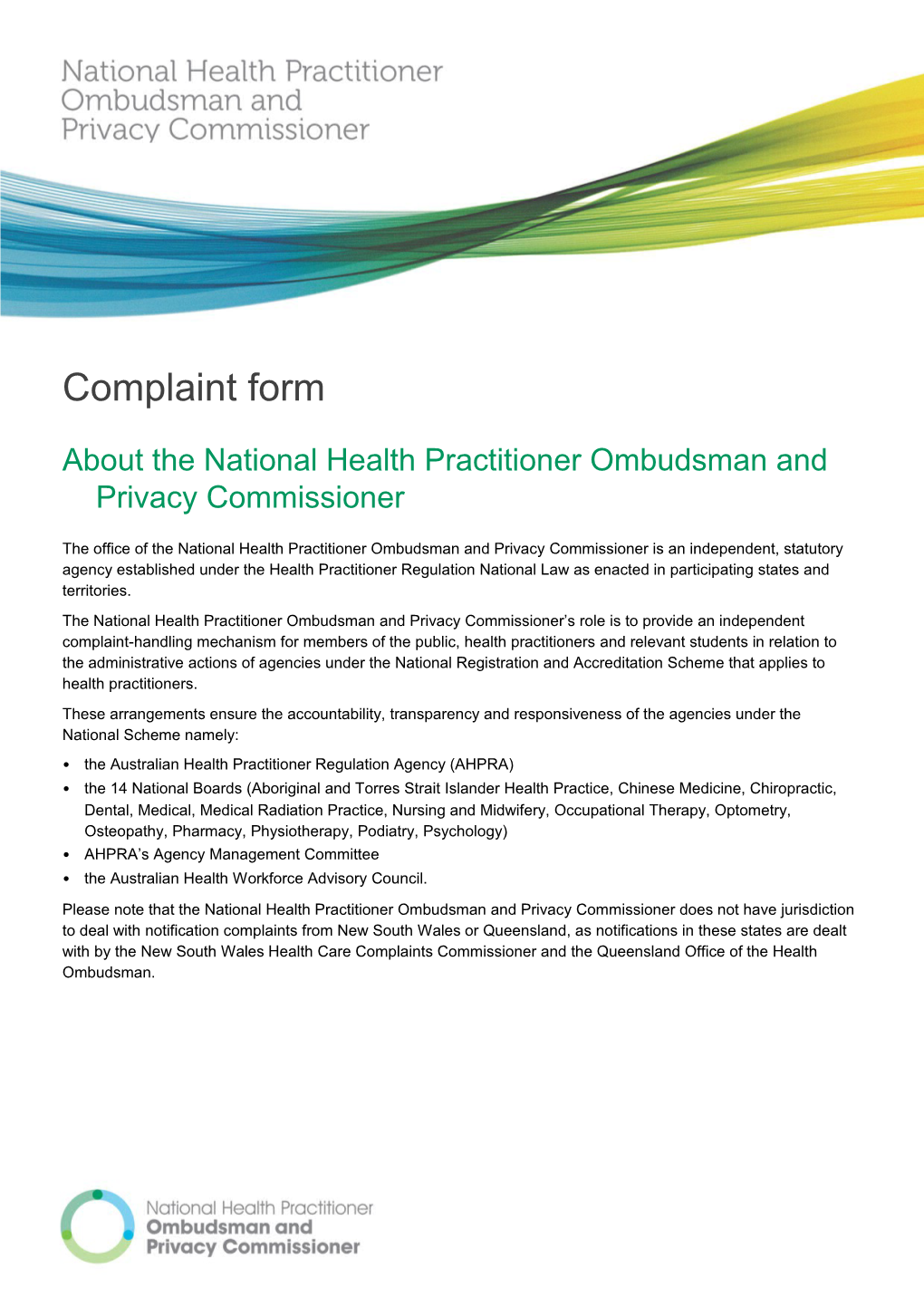 National Health Practitioner Ombudsman and Privacy Commissioner Complaint Form