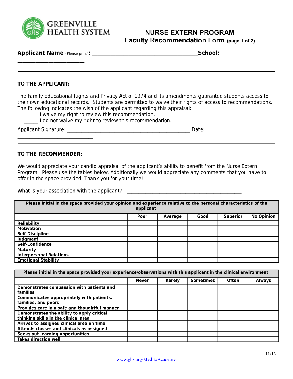 Faculty Recommendation Form (Page 1 of 2)