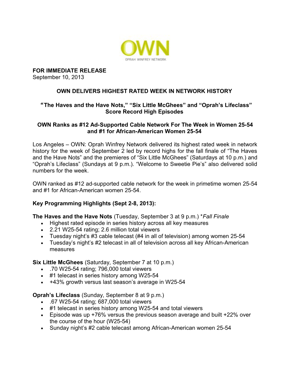 Own Delivers Highest Rated Week in Network History