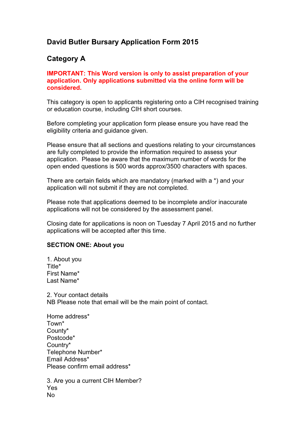 David Butler Bursary Application Form 2015