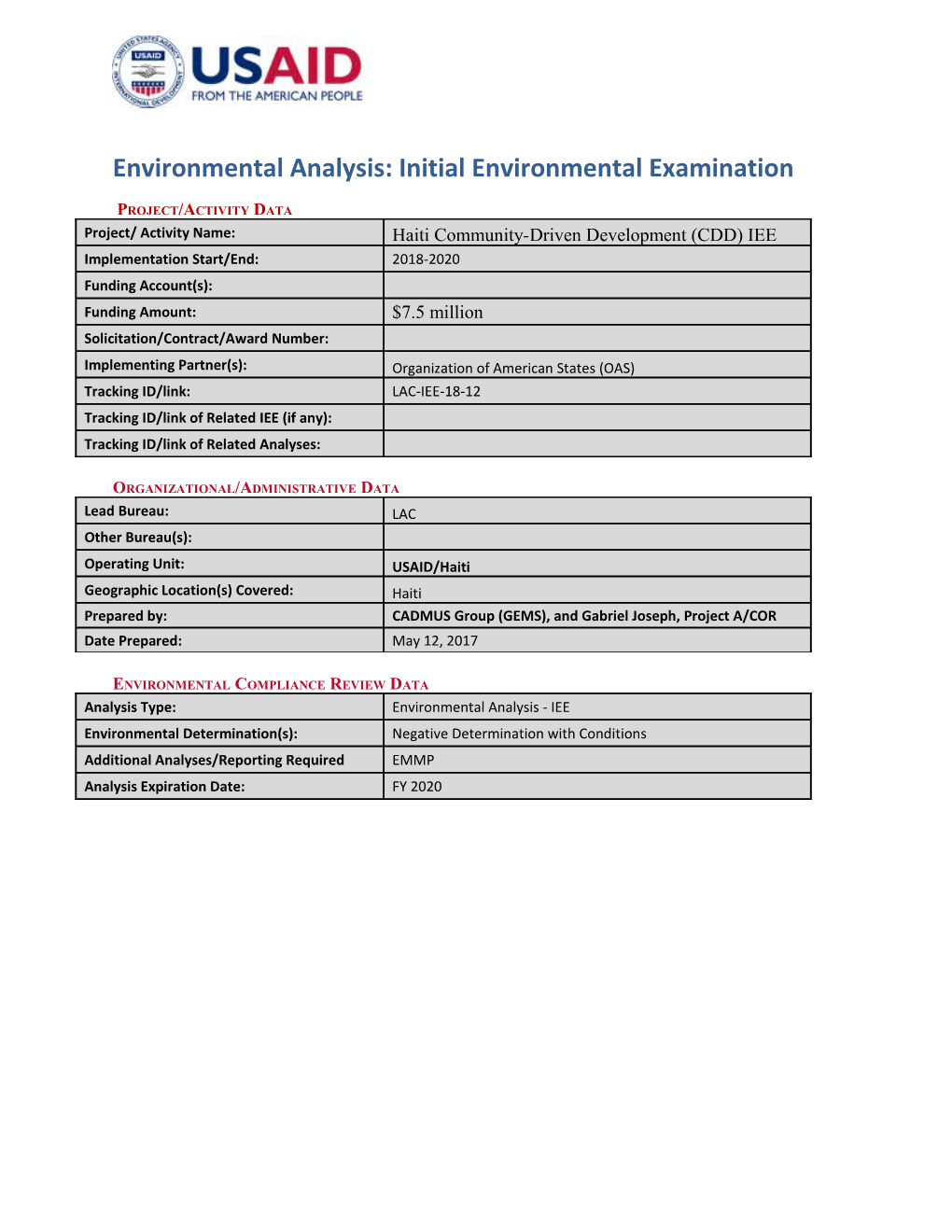Environmental Analysis: Initial Environmental Examination