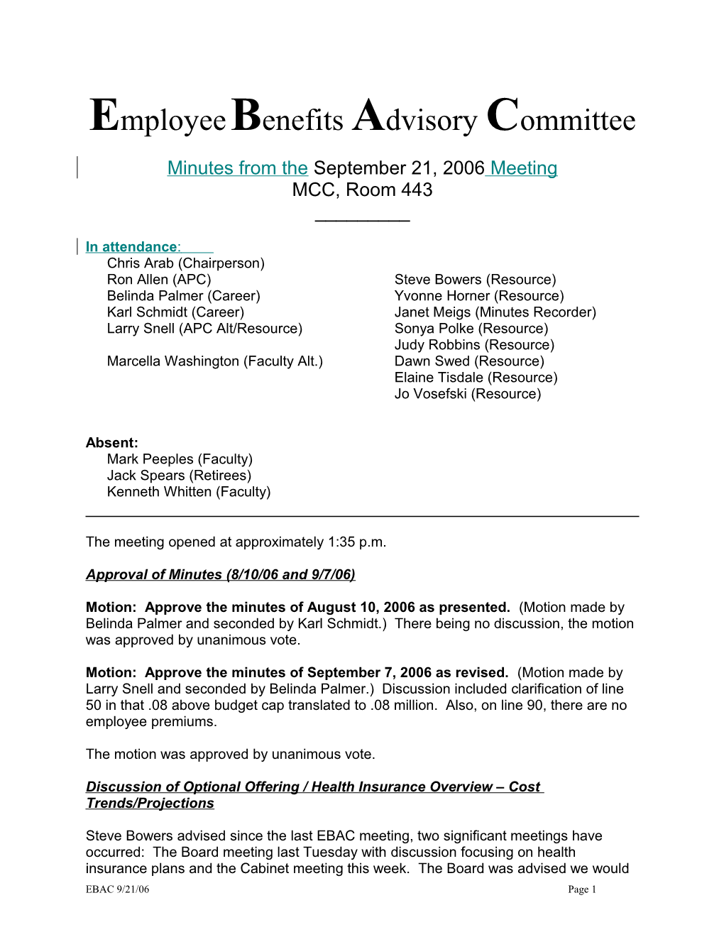 Employee Benefits Advisory C Ommittee