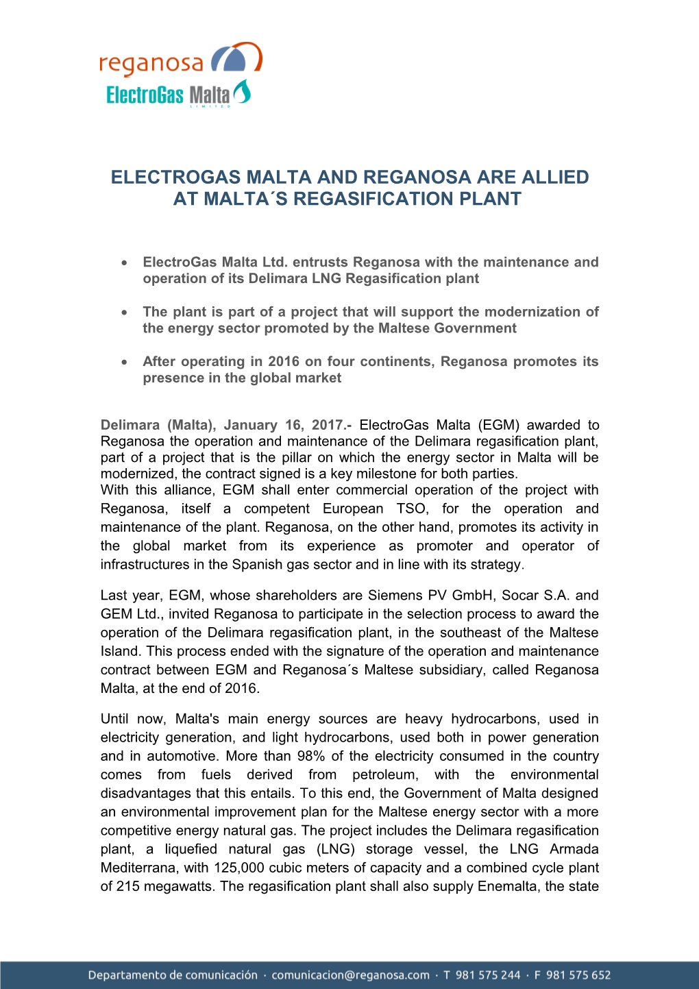 Electrogas Malta and Reganosa Are Allied at Malta S Regasification Plant