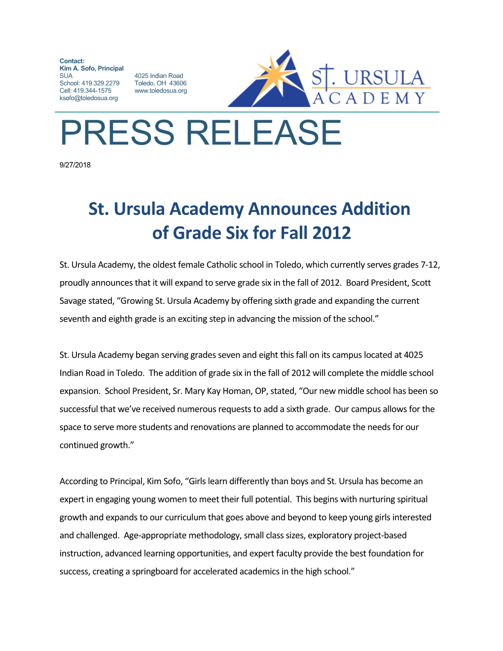 St. Ursula Academy Announces Addition