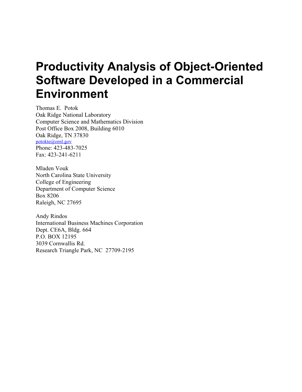 Productivity of Commercial Software Developed Using Object-Oriented Methods