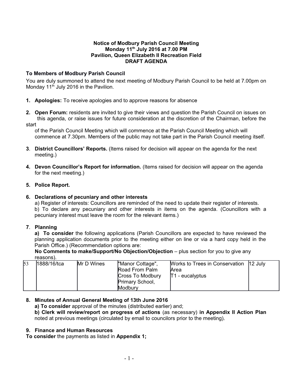Notice of Modbury Parish Council Meeting