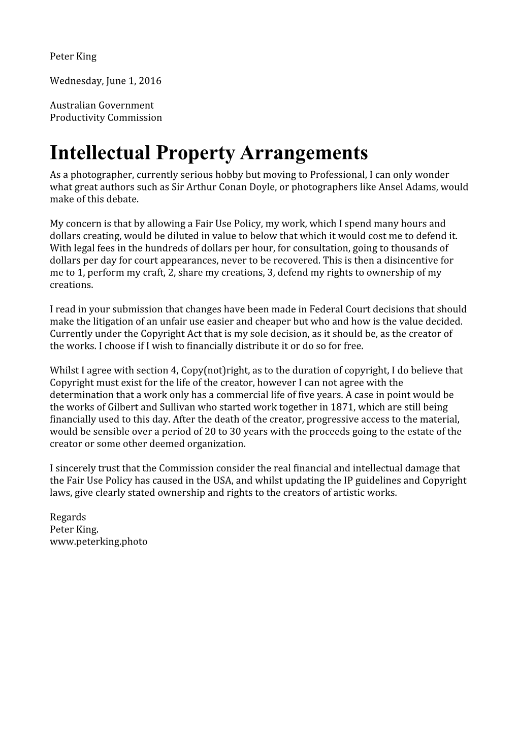 Submission DR275 - Peter King - Intellectual Property Arrangements - Public Inquiry