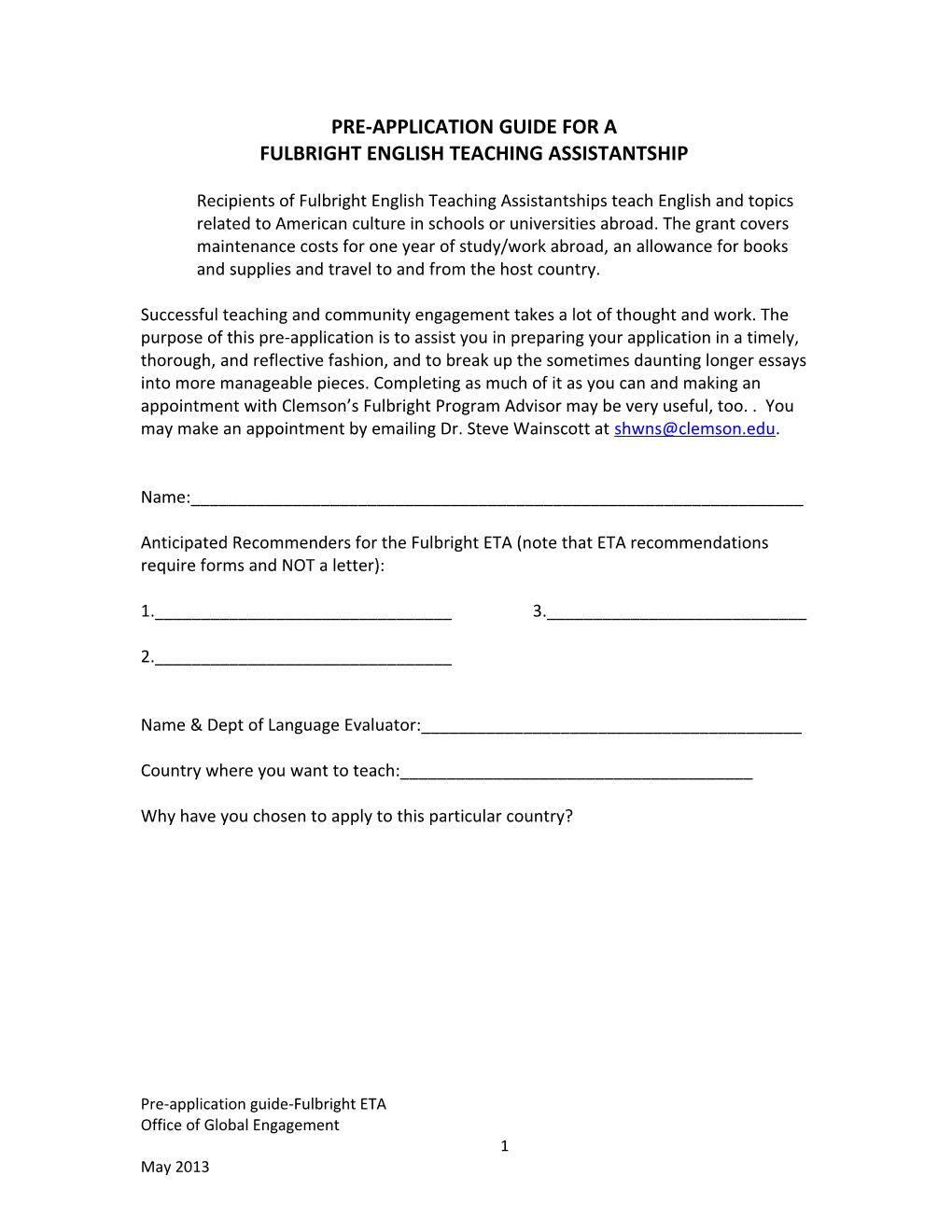 Pre-Application for Fulbright Teaching Assistantship Grant