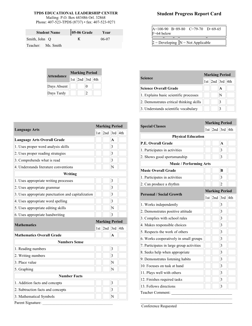 First Grade Student Progress Report #1